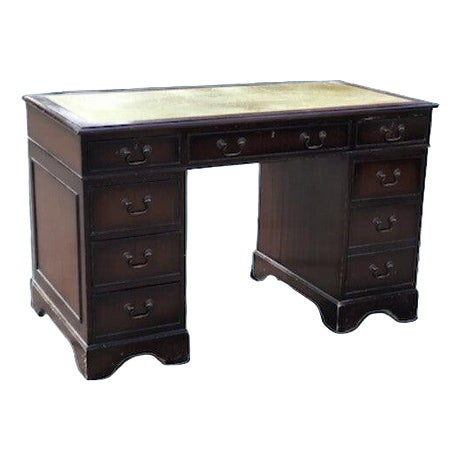 Pedestal Desk in Mahogany with Green Leather Top For Sale