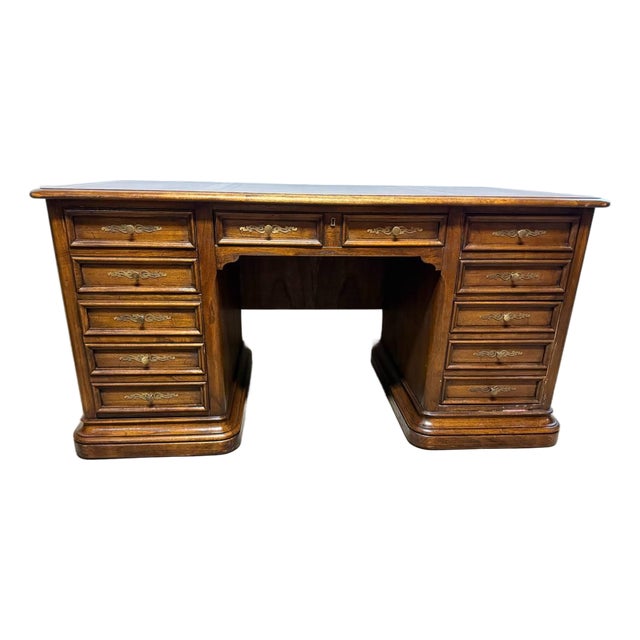 Vintage Hekman Oak Tooled Leather Top Executive Office Desk " For Sale