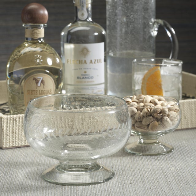 Tuscan 2-Piece Set Handmade Etched Condiment Glass Footed Bowls, Small For Sale - Image 4 of 6