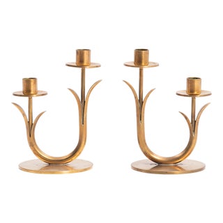 Gunnar Ander for Ystad Metall Sweden Tulip Lily Brass Candlestick - a Pair For Sale