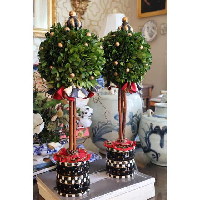 MacKenzie-Childs Courtly Check Holiday Boxwood Topiary Trees With Gold Accents — A Pair For Sale In Washington DC - Image 6 of 18