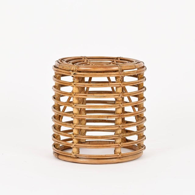 Gold Rattan and Wicker Round Stool attributed to Tito Agnoli, Italy, 1960s For Sale - Image 8 of 11