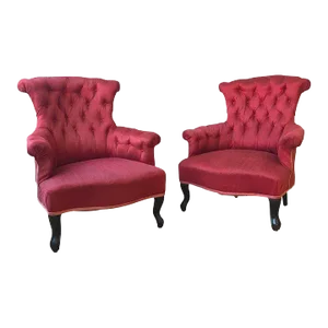 Pair of French 19th C. Upholstered Armchairs in Red Fabric