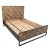 Modern diamond wood parquet bed in queen size. Iron base. Each varies in exact wood tones and grain.