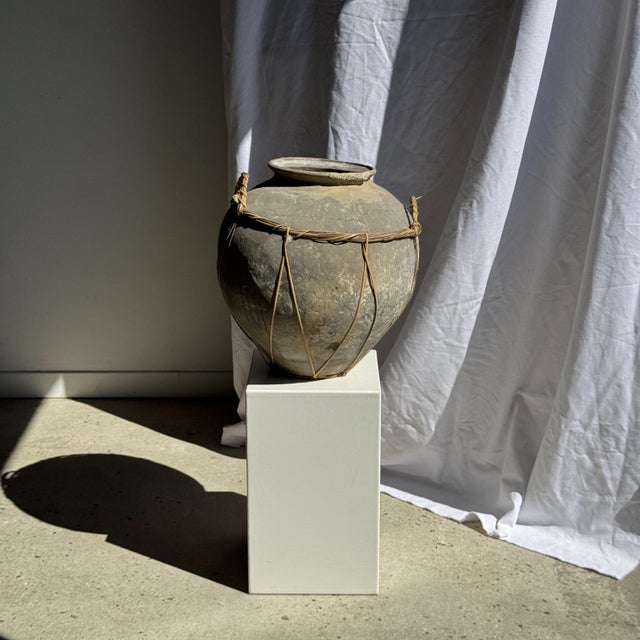 Large Light Grey Terracotta Pot with Rattan Handles and Crossbars, 1960s For Sale - Image 11 of 11