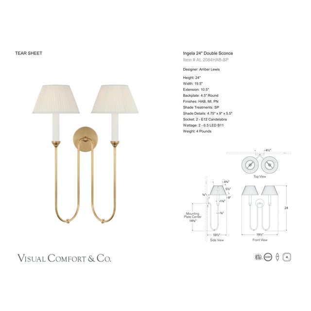 Metal Amber Lewis for Visual Comfort Signature Ingela 24" Double Sconce in Hand-Rubbed Antique Brass with Silk Pleat Shades For Sale - Image 7 of 8