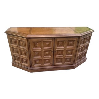 Vintage Drexel Spanish Revival Walnut Credenza With Geometric Panel Doors, 66" For Sale