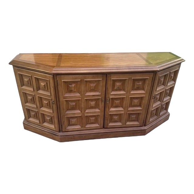 Vintage Drexel Spanish Revival Walnut Credenza With Geometric Panel Doors, 66" For Sale