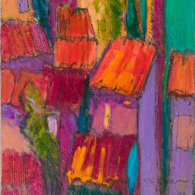 Contemporary Tower of Dreams by Dorothy Fagan | Oil on Canvas Colorful buildings with a bright sky and sun. For Sale - Image 3 of 5