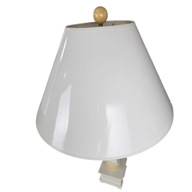 Pair of Natural Light Co. White Wooden Obelisk Table Lamps With Cream Ball Accents and Shades For Sale - Image 9 of 10