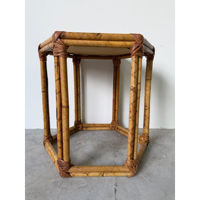 Brown Vintage Bamboo & Rattan Hexagon Side Table For Sale - Image 8 of 13