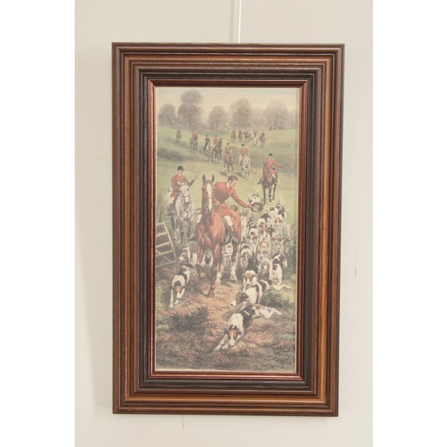 Quality Vintage English Horseback Equestrian Hound Fox Hunting Scene Lithograph Print in Custom Brown Wood Frame