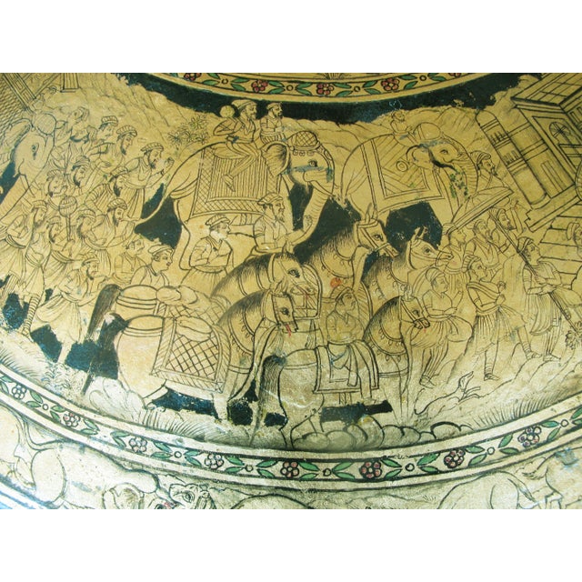 Indian Ceremonial Rajput Dhal Shield Intricate Gold Painted Hunting Scenes For Sale - Image 9 of 18