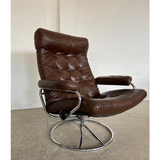 Brown Vintage Brown Leather Ekornes Stressless Reclining Lounge Chair & Stool 1960,s For Sale - Image 8 of 18