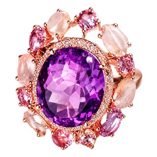 Late 20th Century 14K Pink Gold Amethyst Quartz and Diamond Ring, Size 6.5 For Sale
