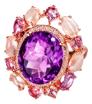 Late 20th Century 14K Pink Gold Amethyst Quartz and Diamond Ring, Size 6.5