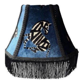Designer Regal Sapphire Blue Velvet Zebra Lampshade With Rayon Fringe Trim For Sale