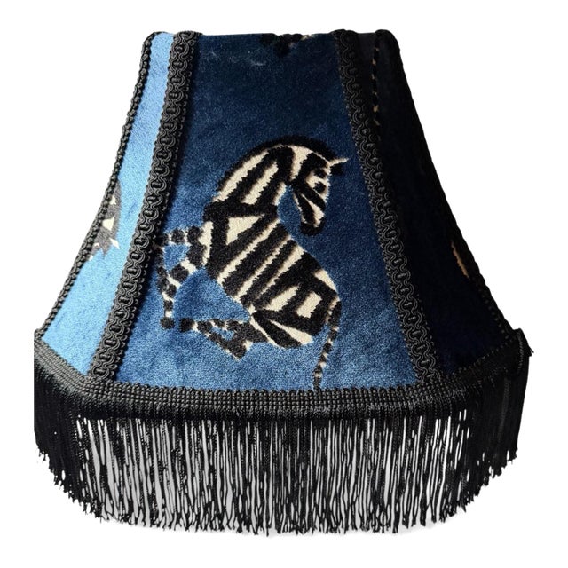 Designer Regal Sapphire Blue Velvet Zebra Lampshade With Rayon Fringe Trim For Sale