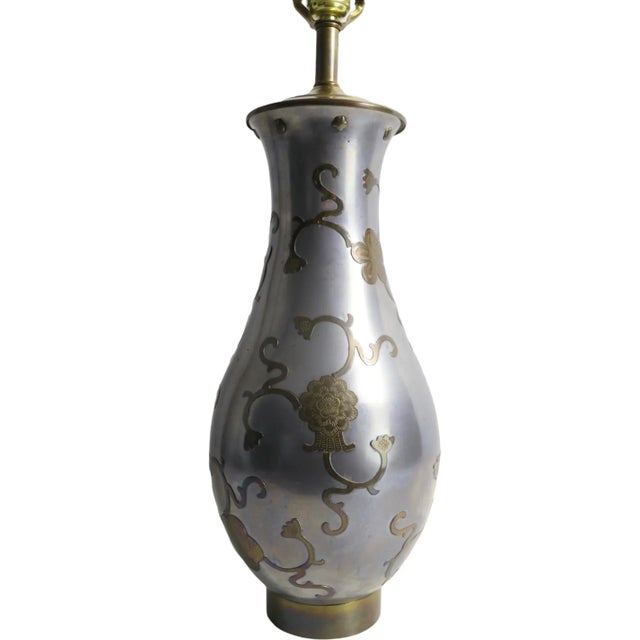 Chinese Mid Century Pewter and Brass Vase Mounted as a Lamp For Sale - Image 9 of 11