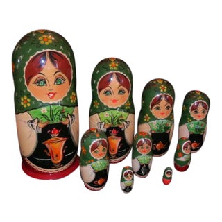 Large Vintage Russian Nesting Dolls - Set of 9 ~ Circa 1992 ~ Signed and Dated For Sale