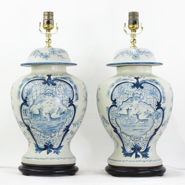 Pair of Vintage Hand Painted Blue and Cream Ceramic Ginger Jar Table Lamps With Deer and Floral Folk Art Design For Sale - Image 15 of 15