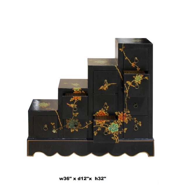 Wood Oriental Black Color Vinyl Flower Birds Step Tansu Cabinet For Sale - Image 7 of 8