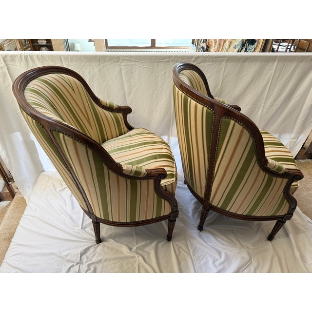 Louis XVI Style Pair of French Bergeres For Sale - Image 4 of 13
