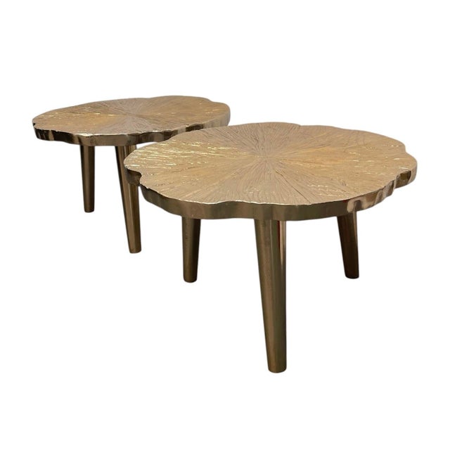 2000 - 2009 Pair of Vintage Hollywood Regency Cast Metal Organic Tree Slice Style Side Tables For Sale - Image 5 of 12