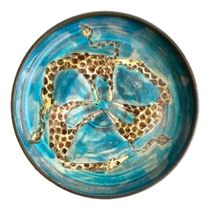 Vintage Mid Century Modern Studio Art Pottery Hand Painted Giraffes Ceramic Low Bowl Plate