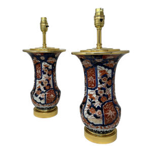 Antique Pair Japanese Chinese Imari Porcelain Ormolu Table Lamps Blue Red Gilt
