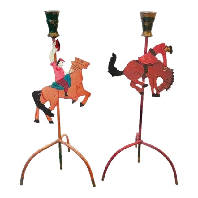 Vintage Rustic Metal and Hand Painted Spanish Vaquero Candle Holders - Set of 2 For Sale