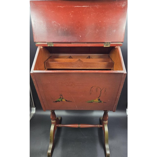 Vintage 20th Century English Style Red Japanned Hinged Two-Sided Flip-Open Sewing Cabinet For Sale - Image 13 of 18