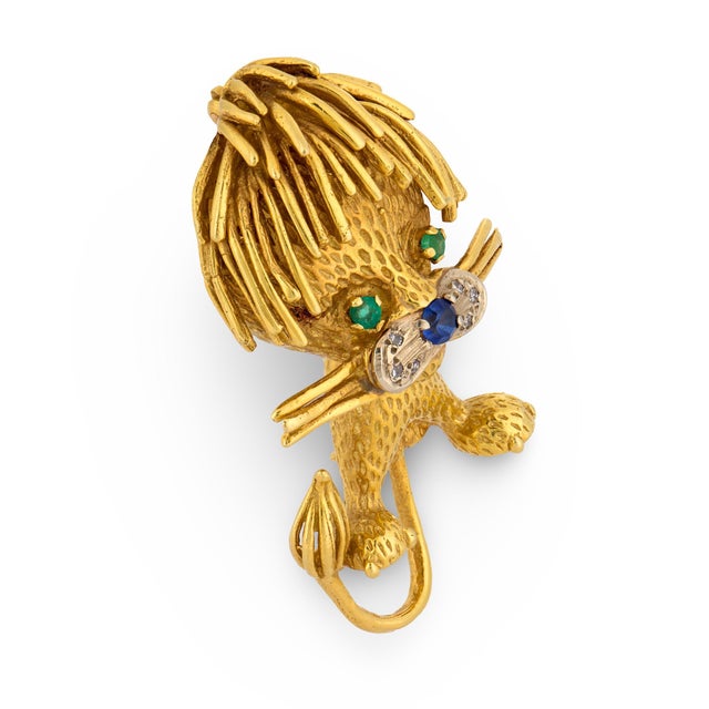 Vintage Gemstone 18k Gold Lion Brooch For Sale - Image 4 of 6