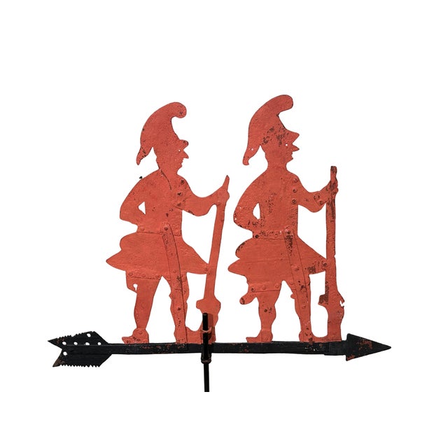 Red, 19th century weathervane effigy of two Napoleonic dragoons. Made of sheet iron sporting makers mark. Includes iron...