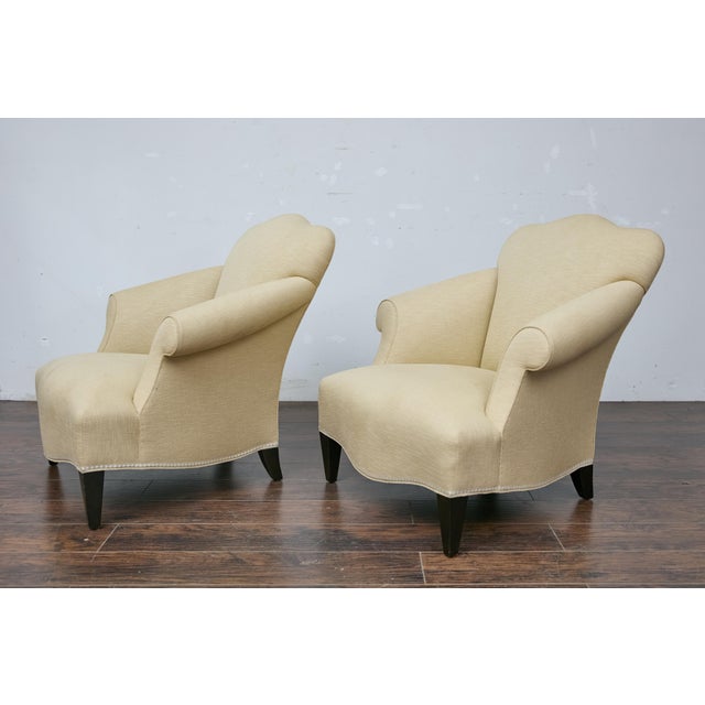Wood Pair of Vintage French Lounge Chairs with Camelbacks, Rolled Arms, Ebonized Legs For Sale - Image 7 of 12