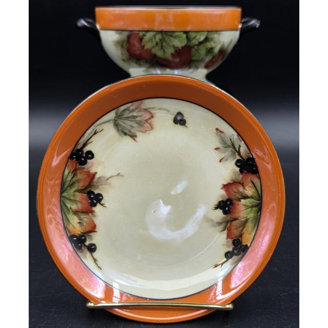 Antique Bavarian Porcelain Bouillon Bowl & Saucer, Hand-Painted Strawberry Motif, Double-Signed Set, Opalescent Lustre, l.d. Bloch & Co. Bavaria For Sale - Image 9 of 18