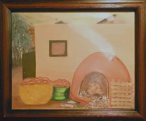 Many Loaves of Bread for Fiesta, Angie Sanchez Carlson Oil on Canvas, Signed Verso
