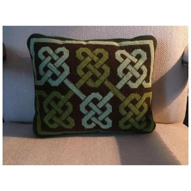 Textile Vintage Needlepoint Wool Pillow With Geometric Knot Design in Shades of Green and Brown For Sale - Image 7 of 10