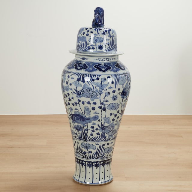 Large Pair of Chinese Blue and White Porcelain Lidded Urns For Sale In West Palm - Image 6 of 13