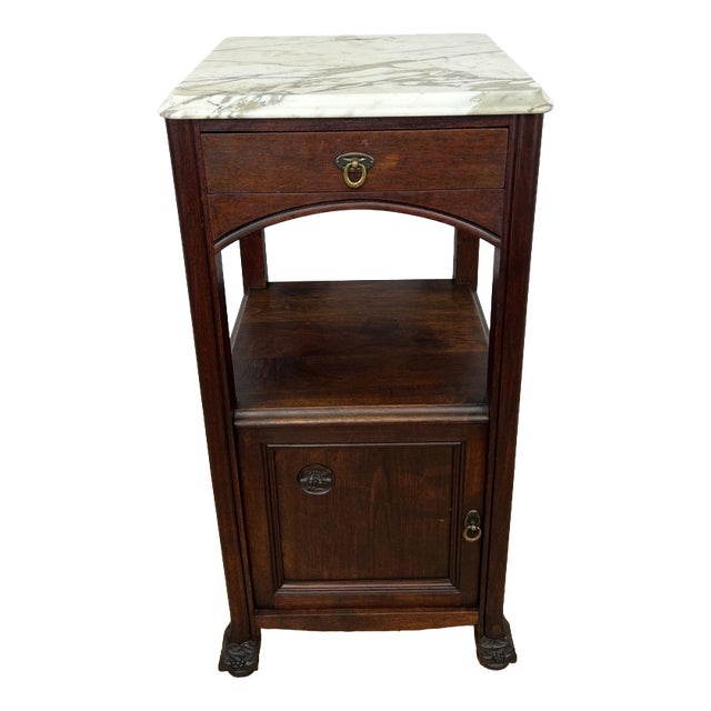 Antique French Style Walnut Bedside Table with Marble Top For Sale