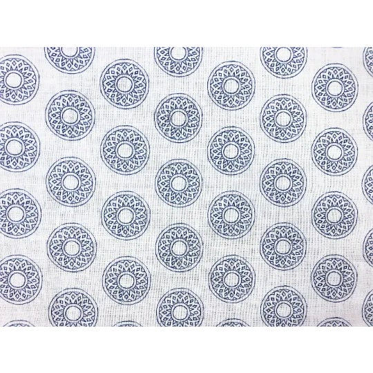 54" wide Alex Conroy Textiles Small Gujarat Indigo medallion linen fabric in navy blue and white. Price is per yard