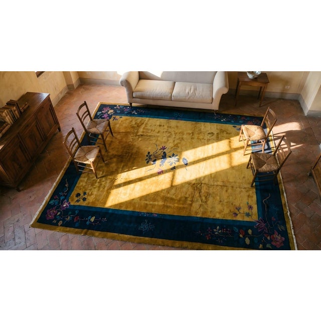 1920s Gold Floral Modern Antique Chinese Art Deco Rug 9'0" X 11'4" Hand Knotted Wool Carpet For Sale - Image 9 of 9
