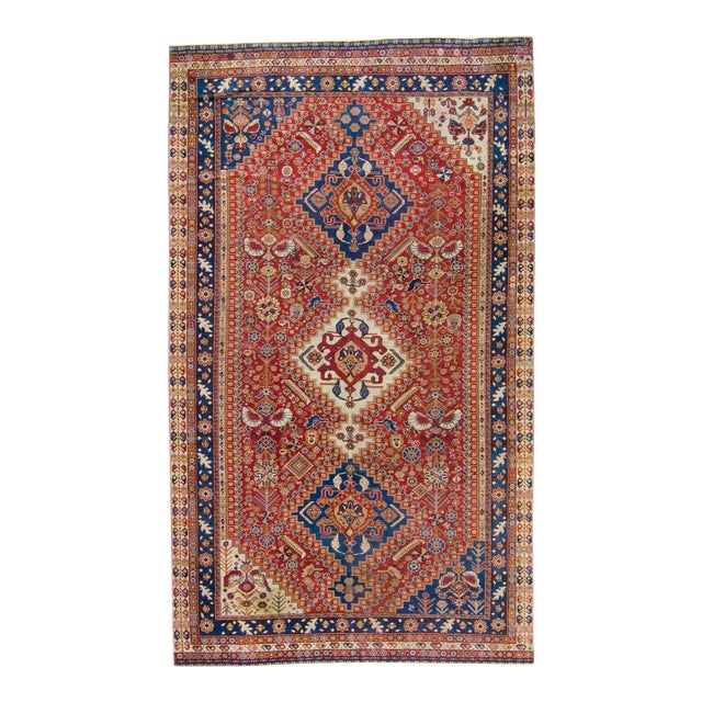 Late 1800s Antique Maroon Red Diamond Medallion Wool Hand-Knotted Rug - 5' X 8'9" For Sale