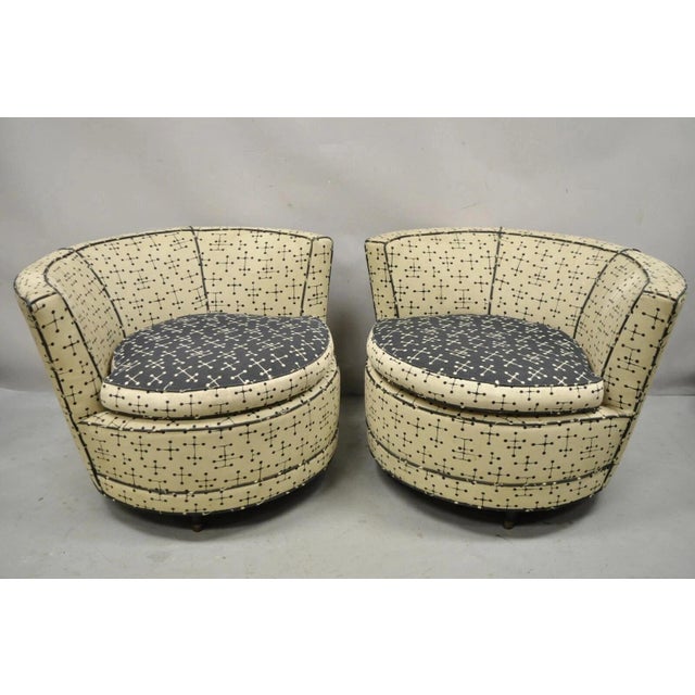 Vintage Mid Century Modern Round Upholstered Oversized Club Lounge Chairs - Pair. Item features large round frames, short...