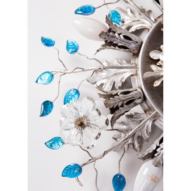 Large Vintage Ceiling Light in Silver-Plated Iron and Blue Glass Leaves from Banci Firenze, 1980s For Sale - Image 3 of 11