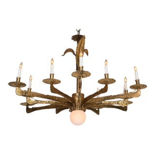 Spanish 1950’s Gilt Iron Twelve-Arm Chandelier With Opaline Glass Center Light For Sale
