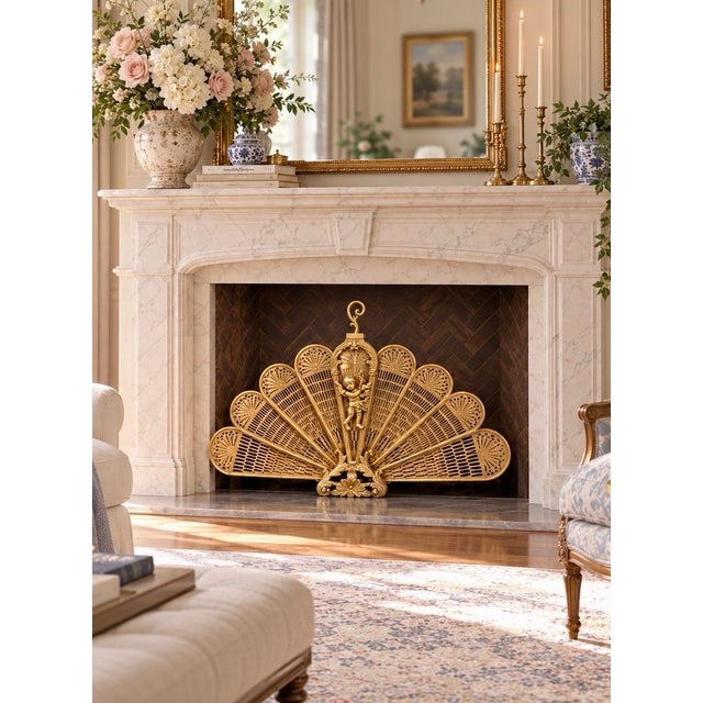 Brass Fireplace Screen Peacock Fan With Cherub Detail – Large, Polished Vintage For Sale In Las Vegas - Image 6 of 11