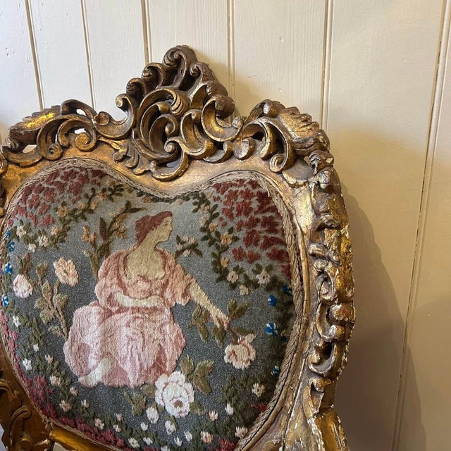 Antique Louis XV Style Gilt Wood Throne Chairs with Floral and Maid Tapestry Seats, 1890s, Set of 2 For Sale - Image 4 of 11