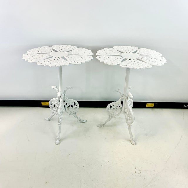Art Nouveau 1970s Vintage Chippendale Hollywood Regency Cast Iron Patio Outdoor Side Tables - A Pair, Newly Painted For Sale - Image 3 of 15