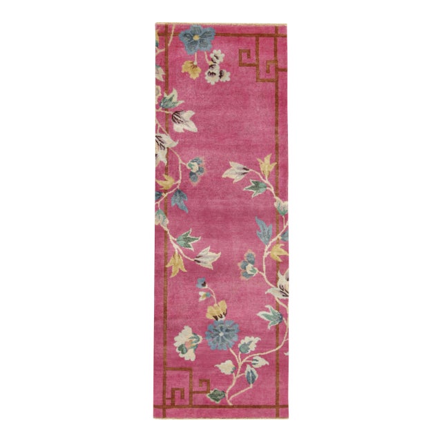 Rug & Kilim’s Chinese Art Deco Style Runner Rug in Pink With Floral Patterns For Sale